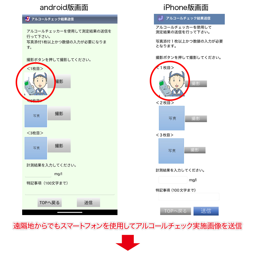 遠隔地からでもスマートフォンを使用して点呼画像を送信